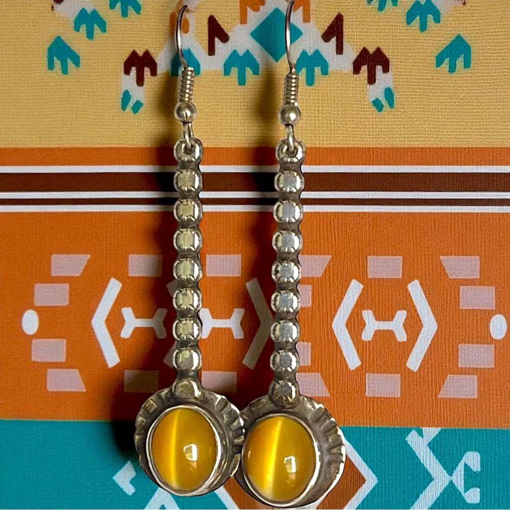 Vintage RJK Sterling Silver Pendulum Tiger Eye Drop Dangle Earrings